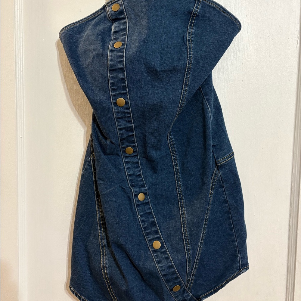 Stylish Blue Denim Strapless Dress - Picture 3 of 3